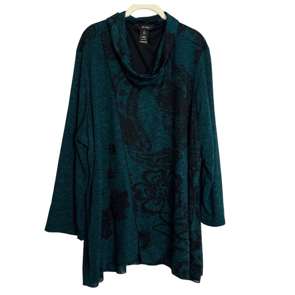 Ali Miles Womens Tunic Sweater 3X Dark Teal Cowl Neck Knit Floral Pattern NEW
